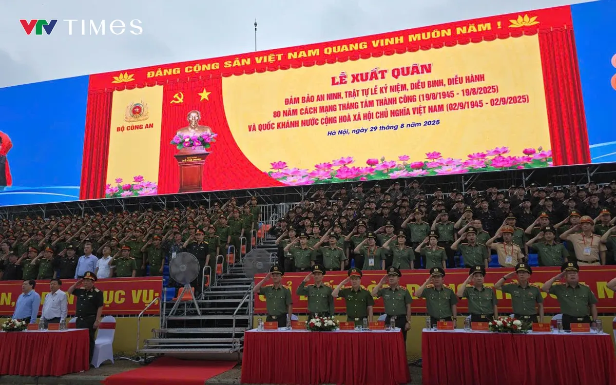 Tại Quảng trường Ba Đình, sáng 29/8, Bộ Công an tổ chức Lễ xuất quân đảm bảo an ninh, trật tự Lễ Kỷ niệm, diễu binh, diễu hành 80 năm Cách mạng tháng tám thành công và Quốc khánh 2/9. Ảnh: Quốc Hưng