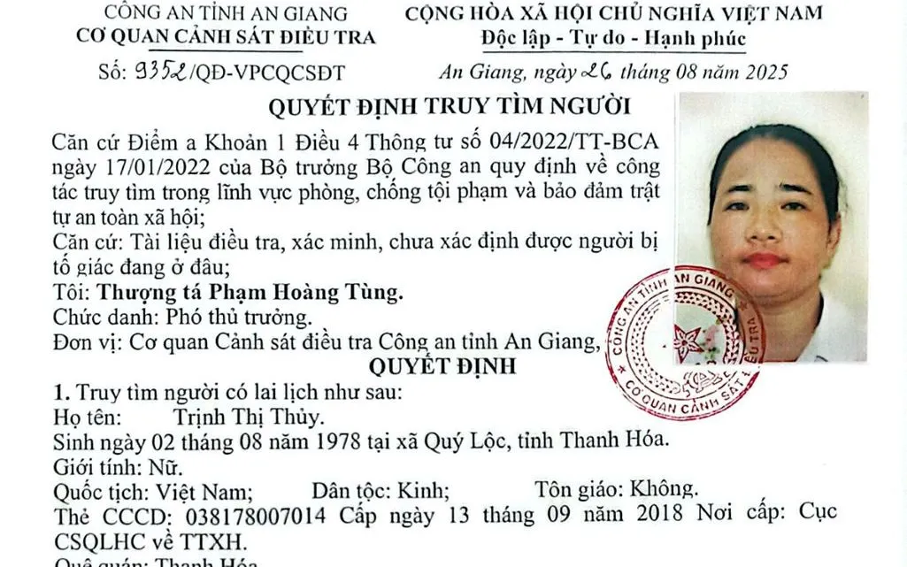 Quyết định của công an đối với Trịnh Thị Thủy. Quyết định của công an đối với Trịnh Thị Thủy.