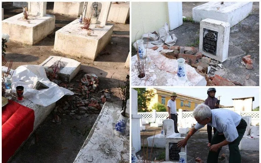 Người dân bức xúc trước các phần mộ liệt sĩ bị đập phá, ngổn ngang (ảnh: Đức Hoàng) Người dân bức xúc trước các phần mộ liệt sĩ bị đập phá, ngổn ngang (ảnh: Đức Hoàng)
