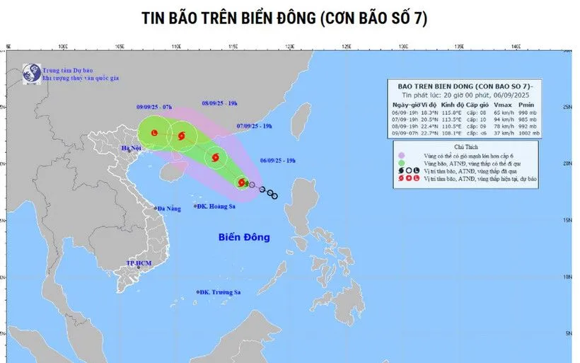 Áp thấp nhiệt đới trên vùng biển phía Đông khu vực Bắc Biển Đông đã mạnh lên thành bão số 7. (Nguồn: nchmf)  Áp thấp nhiệt đới trên vùng biển phía Đông khu vực Bắc Biển Đông đã mạnh lên thành bão số 7. (Nguồn: nchmf)