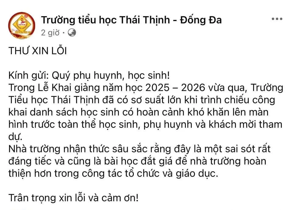 Nhà trường xin lỗi vì công khai danh sách học sinh khó khăn trong lễ khai giảng- Ảnh 1. Nhà trường xin lỗi vì công khai danh sách học sinh khó khăn trong lễ khai giảng- Ảnh 1.