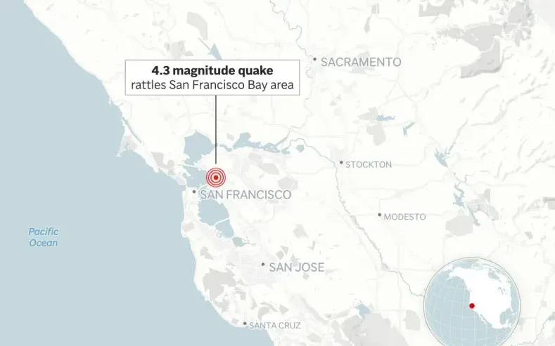 Vị trí xảy ra trận động đất mạnh 4,3 độ richter ở khu vực Vịnh San Francisco ngày 22/9/2025 (Ảnh: AP)