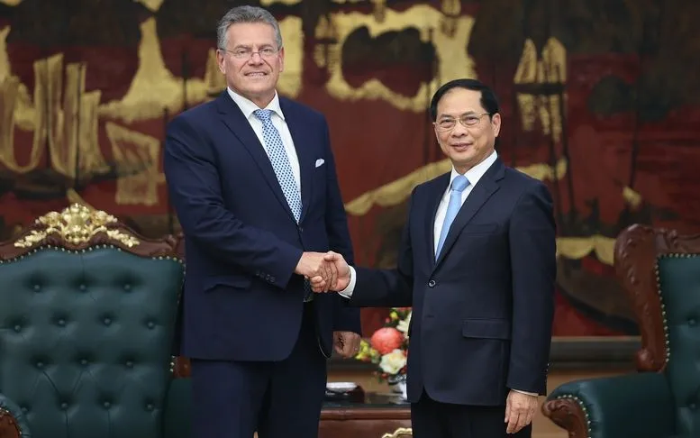 Phó Thủ tướng Chính phủ Bùi Thanh Sơn tiếp Cao ủy Thương mại và An ninh kinh tế của Liên minh châu Âu (EU) Maros Sefcovic - Ảnh: VGP Phó Thủ tướng Chính phủ Bùi Thanh Sơn tiếp Cao ủy Thương mại và An ninh kinh tế của Liên minh châu Âu (EU) Maros Sefcovic - Ảnh: VGP