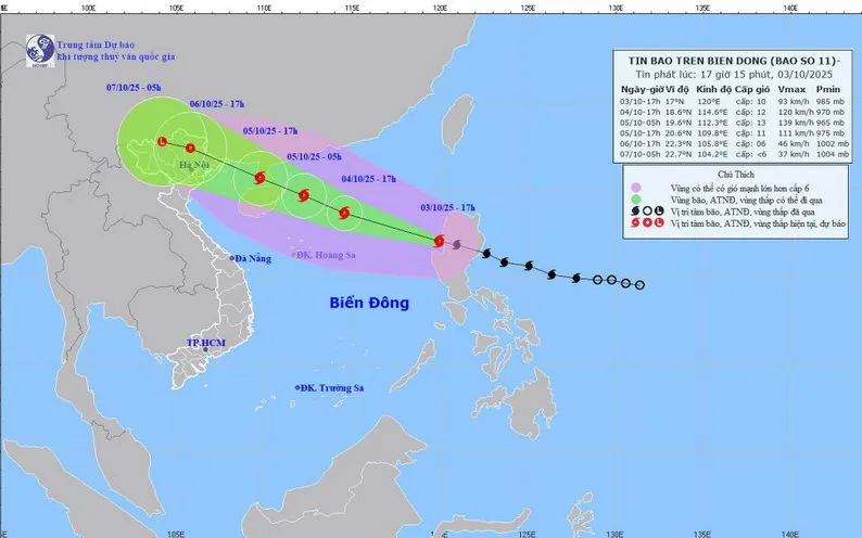 Chiều 3/10, bão Matmo đã đi vào vùng biển phía Đông khu vực Bắc Biển Đông, là cơn bão số 11 trên Biển Đông trong năm 2025. (Nguồn: Trung tâm dự báo khí tượng thủy văn Quốc gia) Chiều 3/10, bão Matmo đã đi vào vùng biển phía Đông khu vực Bắc Biển Đông, là cơn bão số 11 trên Biển Đông trong năm 2025. (Nguồn: Trung tâm dự báo khí tượng thủy văn Quốc gia)