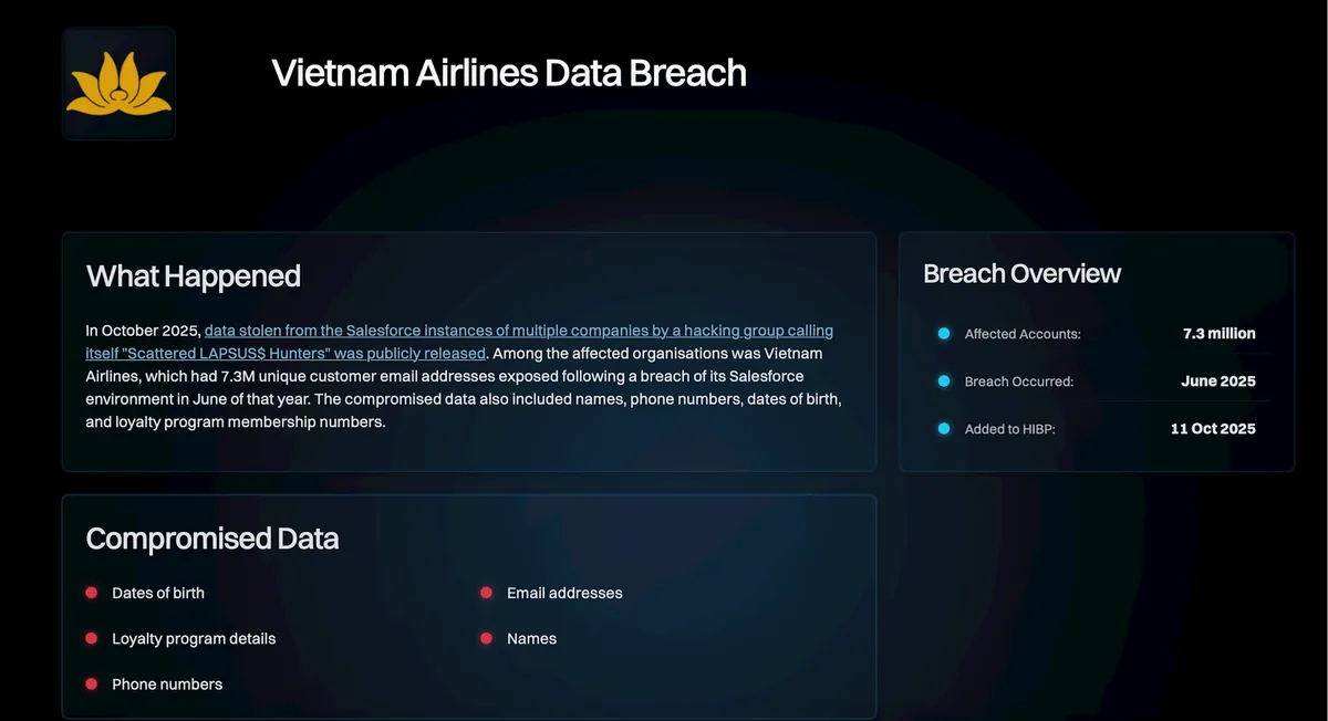 Khách hàng của Vietnam Airlines bị lộ thông tin cá nhân do sự cố bảo mật dữ liệu - Ảnh 1.