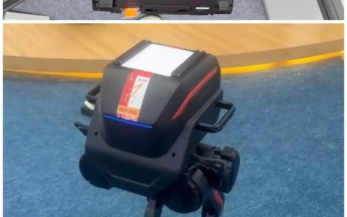 Hình ảnh mẫu robot hai chân do Đại học Bách khoa Hà Nội trưng bày, đã che logo và nhãn mác của nhà sản xuất.