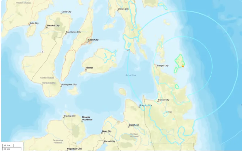 Vị trí xảy ra trận động đất 6,1 độ gần thành phố Dapa ở tỉnh Surigao del Norte, Philippines, ngày 17/10 (Ảnh: USGS) Vị trí xảy ra trận động đất 6,1 độ gần thành phố Dapa ở tỉnh Surigao del Norte, Philippines, ngày 17/10 (Ảnh: USGS)