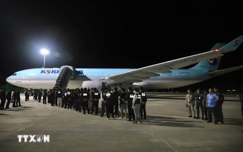Các công dân Hàn Quốc liên quan hoạt động lừa đảo sử dụng công nghệ được bàn giao tại sân bay quốc tế ở thủ đô Phnom Penh, Vương quốc Campuchia, tối 17/10/2025. (Ảnh: AKP/TTXVN phát) Các công dân Hàn Quốc liên quan hoạt động lừa đảo sử dụng công nghệ được bàn giao tại sân bay quốc tế ở thủ đô Phnom Penh, Vương quốc Campuchia, tối 17/10/2025. (Ảnh: AKP/TTXVN phát)