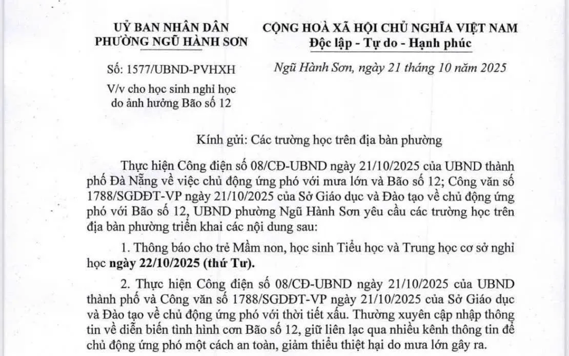 Hàng loạt các phường trên địa bàn Thành phố Đà Nẵng ra thông báo cho học sinh nghỉ học ngày 22/10/2025 để tránh bão. Hàng loạt các phường trên địa bàn Thành phố Đà Nẵng ra thông báo cho học sinh nghỉ học ngày 22/10/2025 để tránh bão.