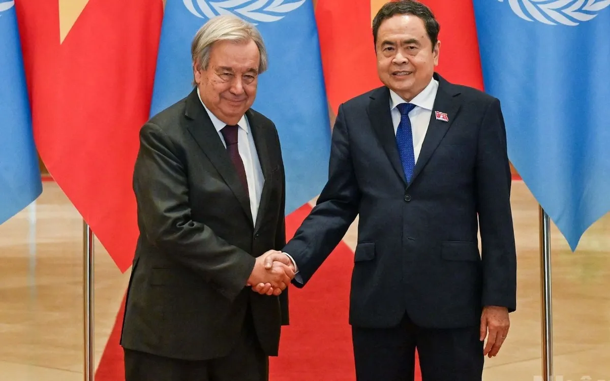 Chủ tịch Quốc hội Trần Thanh Mẫn và Tổng Thư ký Liên hợp quốc António Guterres. (Ảnh: Nhân Dân) Chủ tịch Quốc hội Trần Thanh Mẫn và Tổng Thư ký Liên hợp quốc António Guterres. (Ảnh: Nhân Dân)
