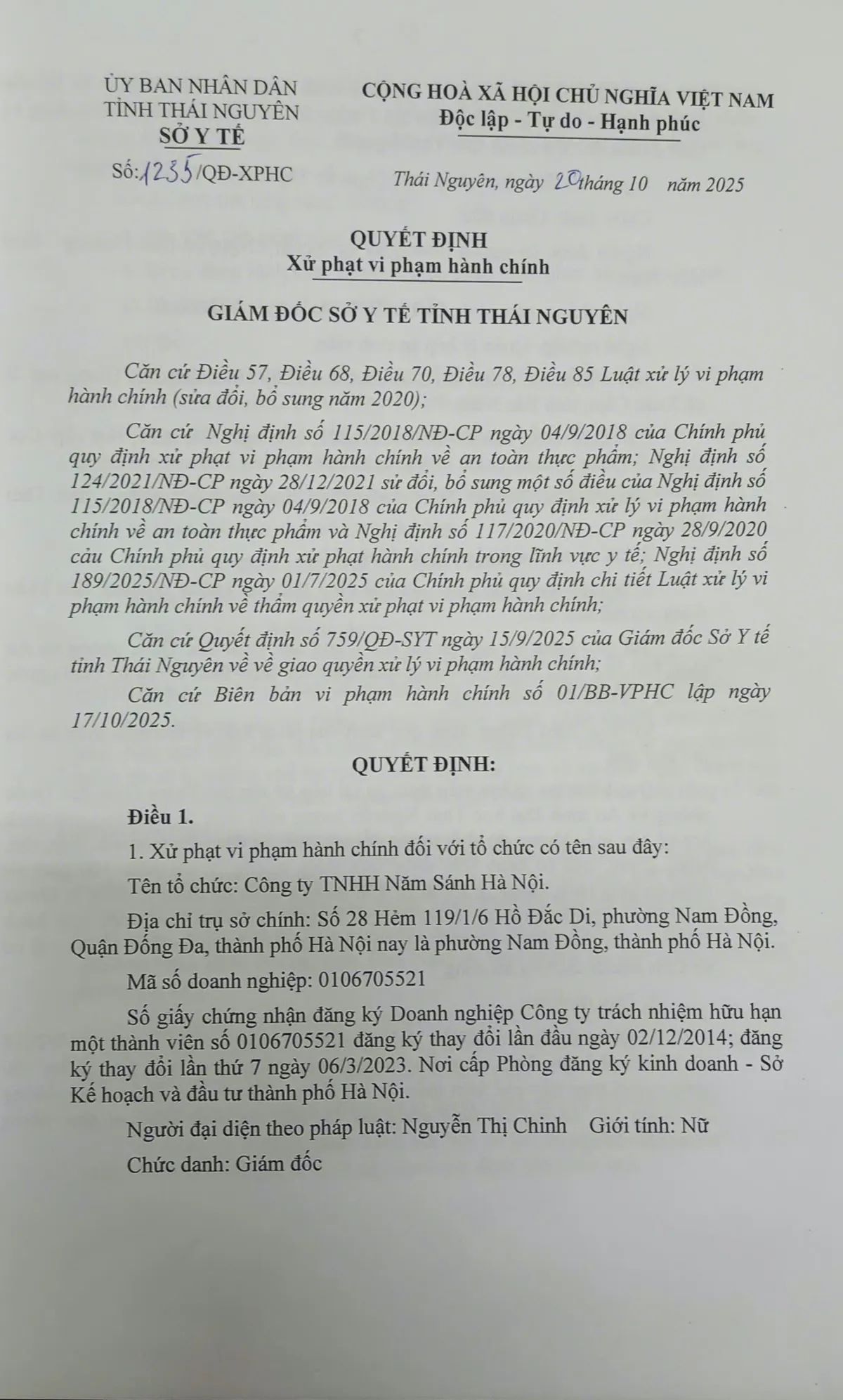 Vụ nghi ngộ độc thực phẩm tại Đại học Thái Nguyên:  Đơn vị cung cấp suất ăn bị xử phạt 20 triệu đồng - Ảnh 1.