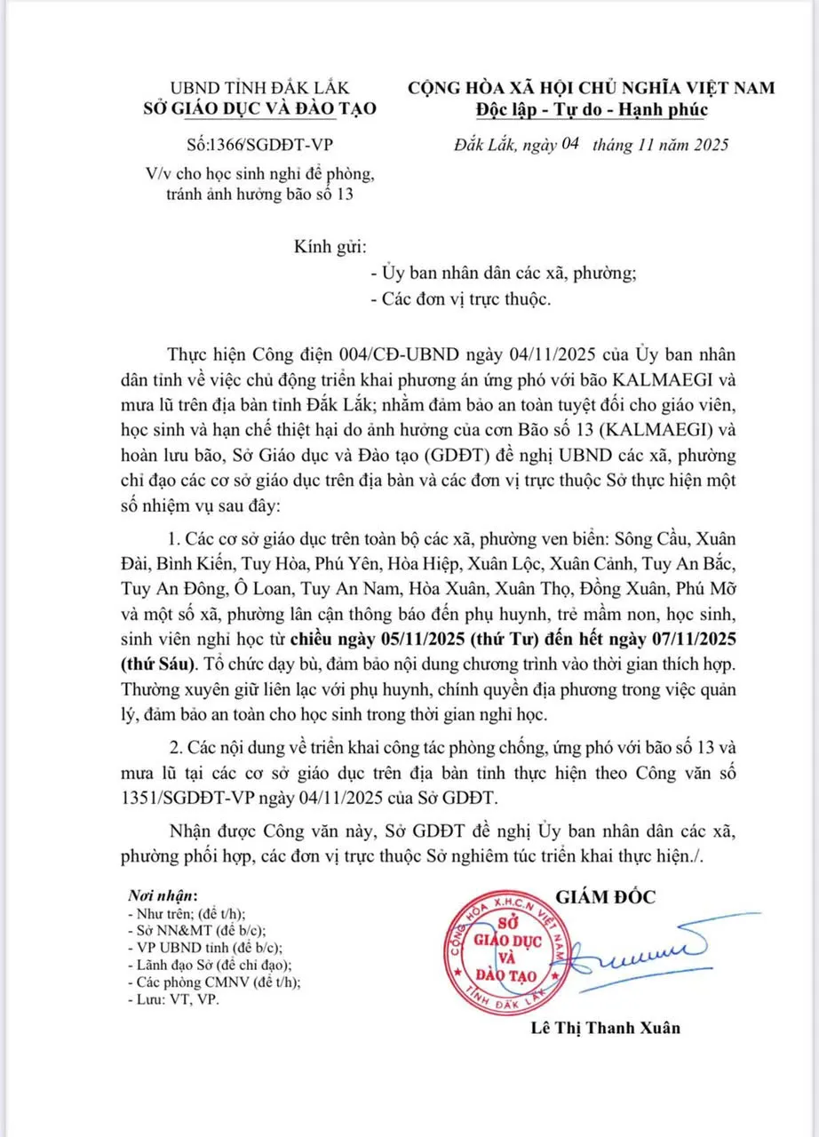 Đắk Lắk: Học sinh nghỉ học từ chiều ngày 5/11 đến 7/11 tránh bão - Ảnh 1.