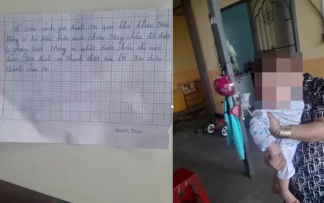 Tờ giấy và cháu bé được dàn cảnh bỏ rơi trước cổng chùa tại xã Vị Thuỷ