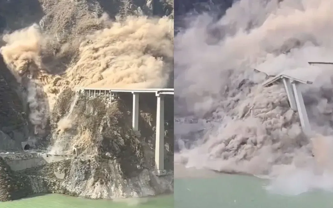 Khoảnh khắc cầu Hồng Kỳ đổ sập tạo thành đám mây bụi khổng lồ, ngày 10/11/2025 (Ảnh: X)