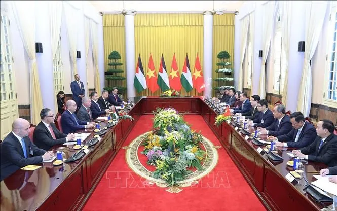 Chủ tịch nước Lương Cường hội đàm với Quốc vương Jordan Abdullah II bin Al Hussein. Ảnh: Lâm Khánh/TTXVN