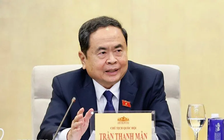 Chủ tịch Quốc hội Trần Thanh Mẫn, Trưởng Ban Tổ chức Diễn đàn về xây dựng pháp luật phát biểu. (Ảnh: TTXVN)