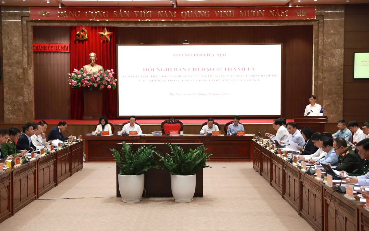 Quang cảnh Hội nghị tại điểm cầu Thành ủy Hà Nội.