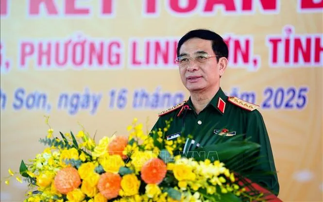 Đại tướng Phan Văn Giang, Ủy viên Bộ Chính trị, Bộ trưởng Bộ Quốc phòng phát biểu. Ảnh: Trần Trang/TTXVN