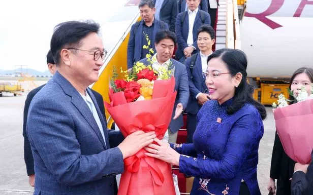 Chủ nhiệm Ủy ban Khoa học, Công nghệ và Môi trường của Quốc hội Nguyễn Thanh Hải đón Chủ tịch Quốc hội Hàn Quốc Woo Won Shik và Phu nhân tại sân bay Quốc tế Nội Bài. (Ảnh: TTXVN)