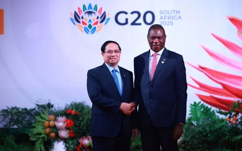 Lãnh đạo nước Chủ tịch G20 Nam Phi chủ trì lễ đón Thủ tướng Phạm Minh Chính và các nguyên thủ, người đứng đầu chính phủ các nước - Ảnh: VGP
