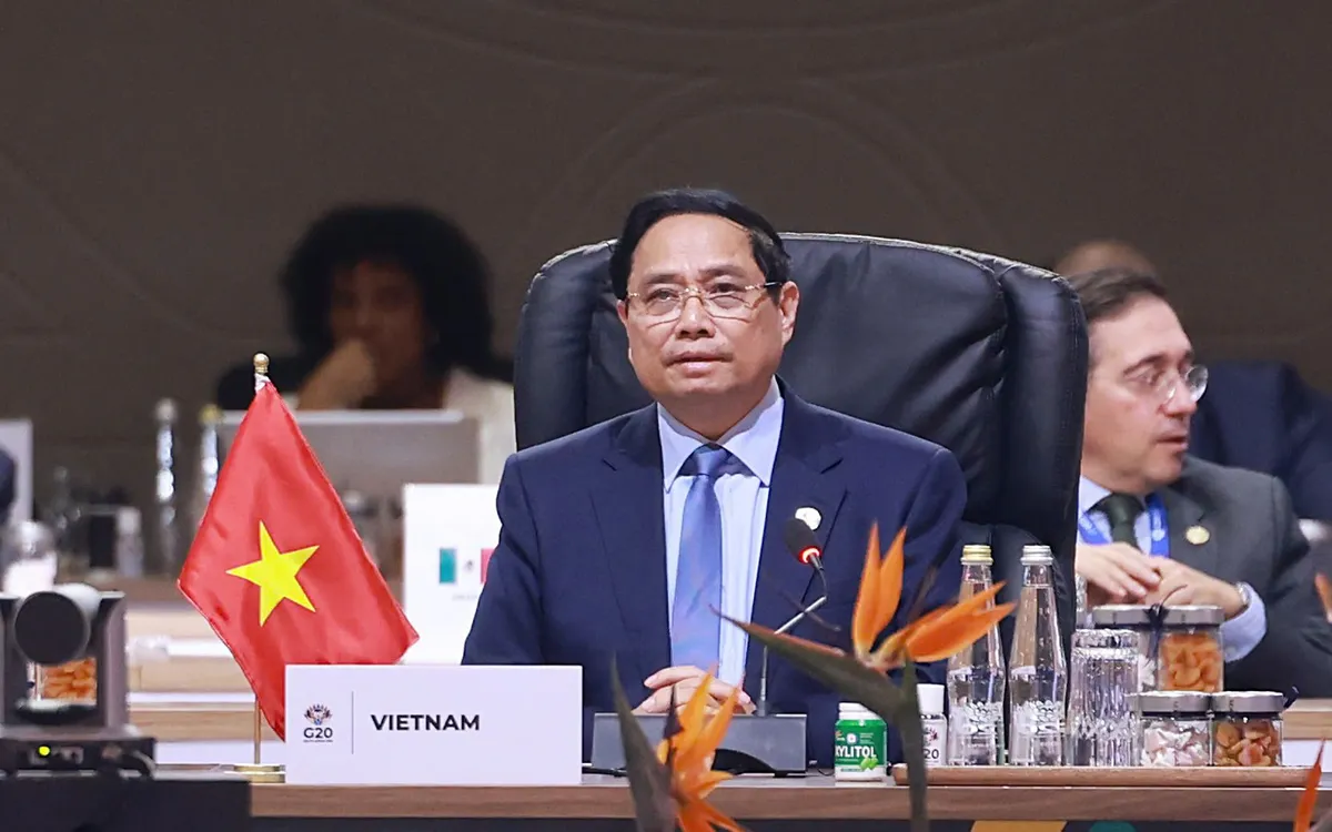 Dự Phiên thảo luận thứ ba của Hội nghị Thượng đỉnh G20 với chủ đề "Một tương lai công bằng và công lý cho tất cả mọi người", Thủ tướng Phạm Minh Chính đề xuất 3 ưu tiên chiến lược cho 3 chuyển động lớn của thế giới - Ảnh: VGP/Nhật Bắc