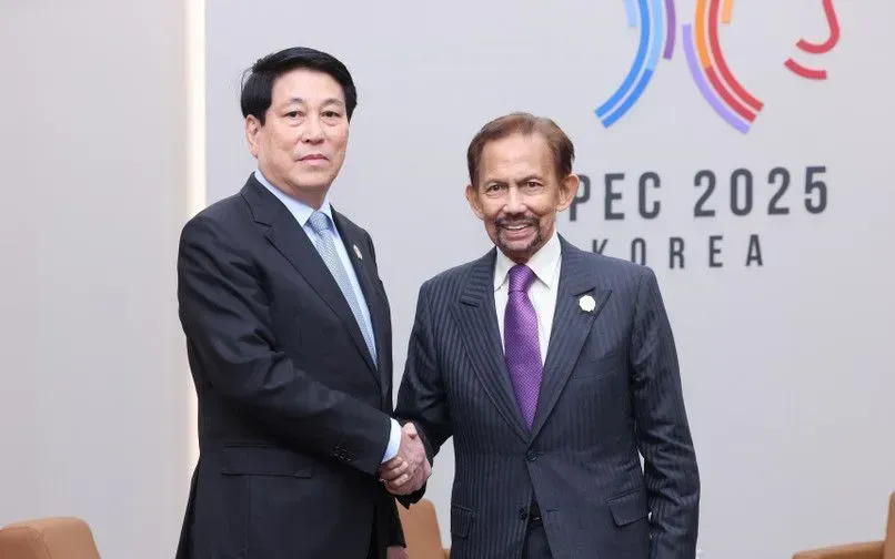 Chủ tịch nước Lương Cường gặp Quốc vương Brunei Hassanal Bolkiah tại Tuần lễ Cấp cao APEC 2025 (Ảnh: TTXVN)