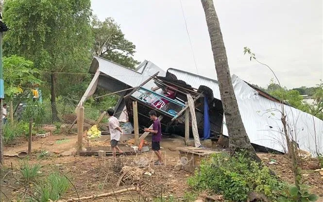 Vụ sạt lở nghiêm trọng xảy ra tại bờ Đông sông Hậu, đoạn qua ấp Vĩnh Phước, xã Phú Hữu (tỉnh An Giang) vào chiều ngày 17/11/2025 làm 13 căn nhà của người dân bị ảnh hưởng, buộc phải di dời khẩn cấp. Ảnh: Công Mạo/TTXVN