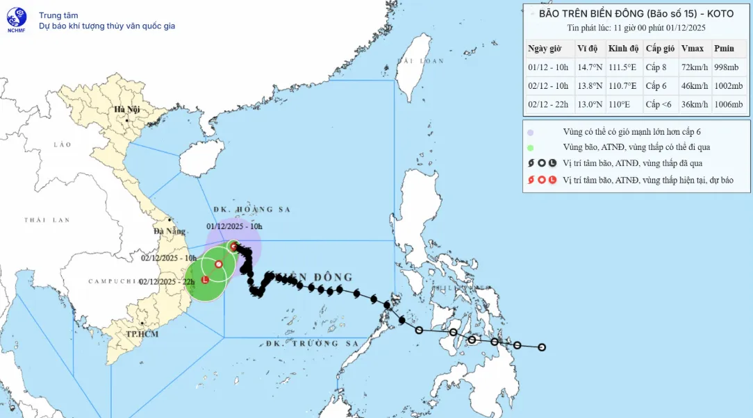 Bão số 15 ít di chuyển, hướng về bờ biển Gia Lai - Đắk Lắk - Ảnh 1.