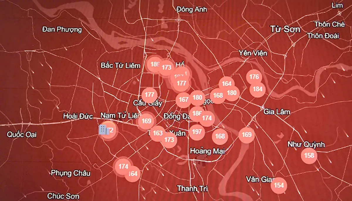 Chất lượng không khí (AQI) khu vực trung tâm thủ đô Hà Nội ngày 1/12/2025.