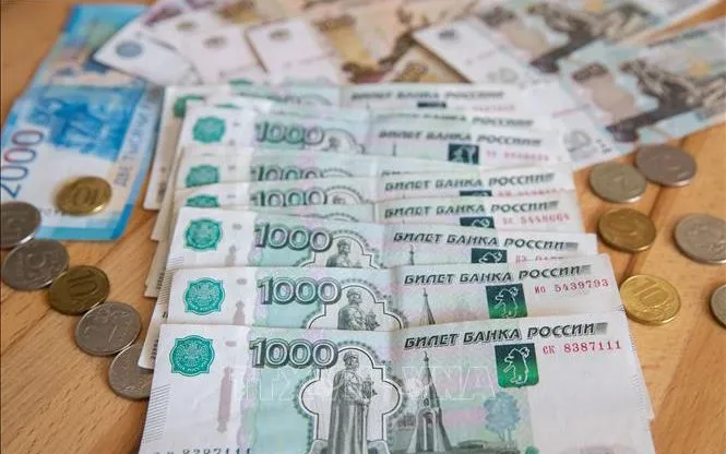 Đồng ruble dạng tiền giấy và tiền xu. Ảnh: THX/TTXVN