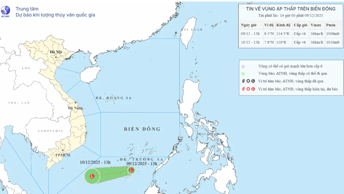 Xuất hiện vùng áp thấp trên khu vực phía Nam Biển Đông - Ảnh 1.