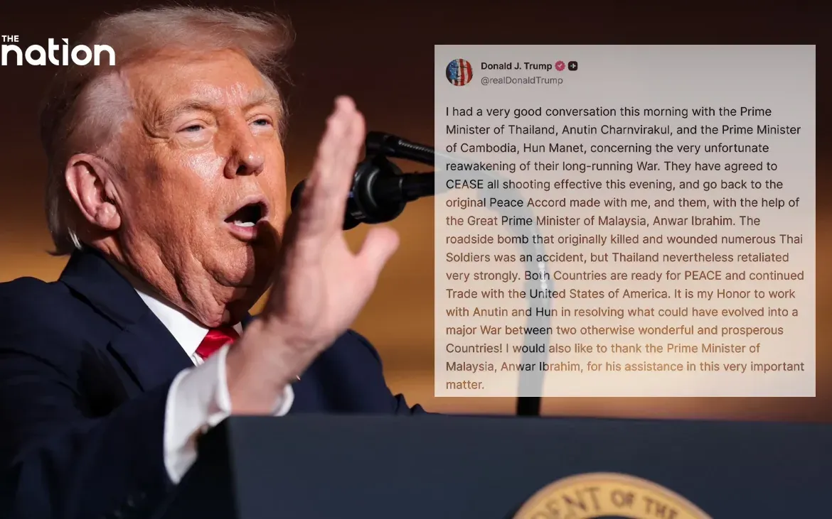 Tổng thống Trump thông báo kết quả cuộc điện đàm với Thủ tướng Anutin trên mạng xã hội, ngày 12/12/2025 (Ảnh: The Nation)