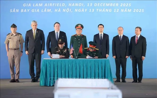 Lễ ký kết biên bản trao trả hài cốt quân nhân Hoa Kỳ lần thứ 171. Ảnh: An Đăng/TTXVN