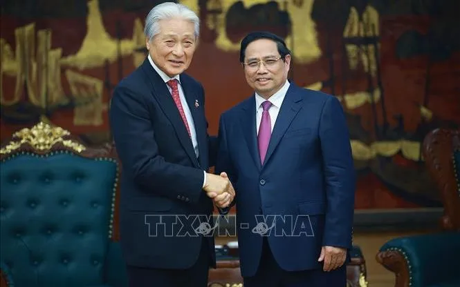 Thủ tướng Phạm Minh Chính tiếp Thống đốc tỉnh Tochigi (Nhật Bản) Fukuda Tomikazu. Ảnh: Dương Giang/TTXVN