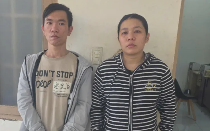 Lê Quốc Thái và Nguyễn Thị Phương Liên tại cơ quan Công an.