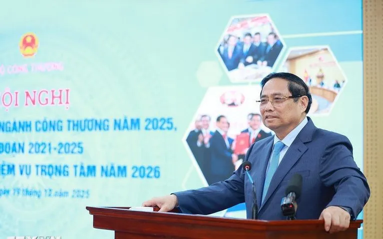 Thủ tướng Phạm Minh Chính phát biểu chỉ đạo Hội nghị triển khai nhiệm vụ trọng tâm năm 2026 ngành công thương. Ảnh: TTXVN