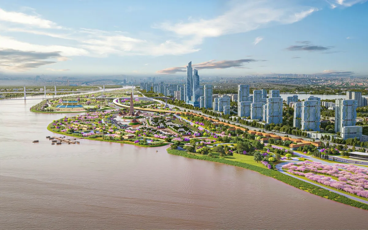 Dự án có tổng mức đầu tư khoảng 855.000 tỷ đồng với quy mô 11.000 ha kéo dài từ cầu Sông Hồng đến cầu Mễ Sở thuộc địa giới 19 xã, phường của thành phố Hà Nội, tổng chiều dài khoảng 80km. Ảnh phối cảnh