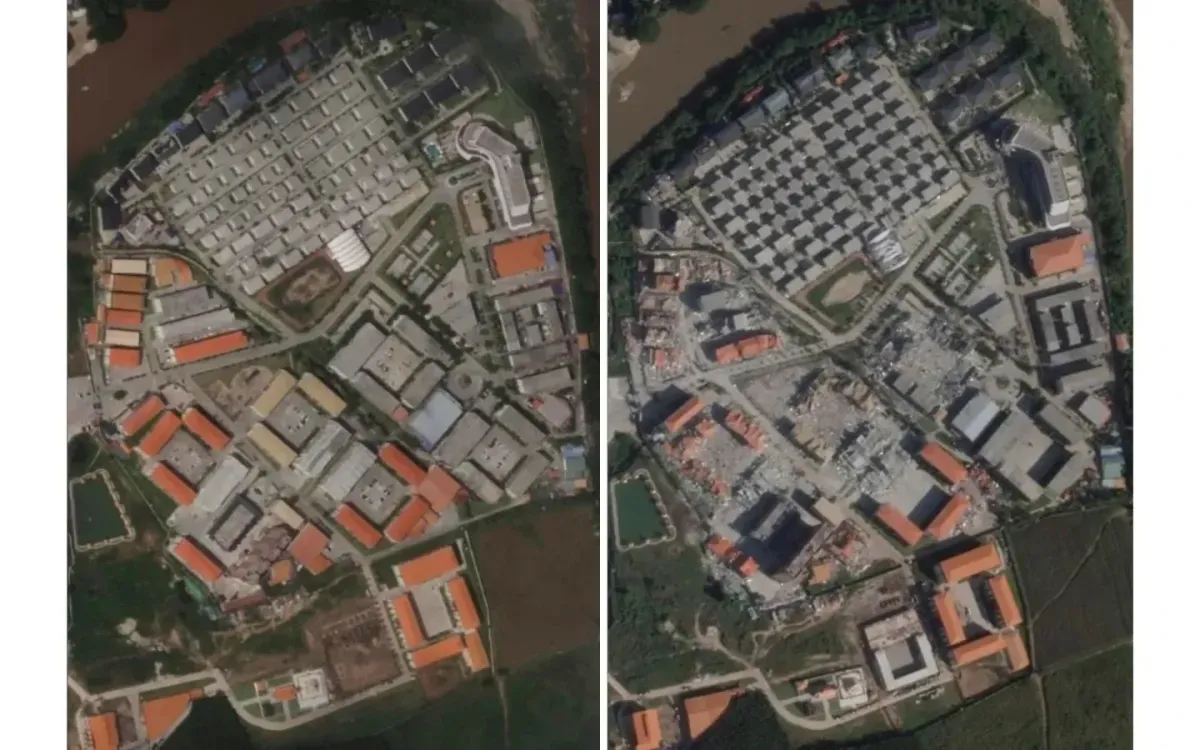 Khu phức hợp KK Park chụp ngày 11/9/2025 (trái) và ngày 14/11/2025, cho thấy nhiều công trình vẫn còn nguyên vẹn. Các bằng chứng thực địa và phân tích độc lập cho thấy, hoạt động lừa đảo mạng tại Myanmar vẫn tiếp diễn, bất chấp những chiến dịch trấn áp rầm rộ.