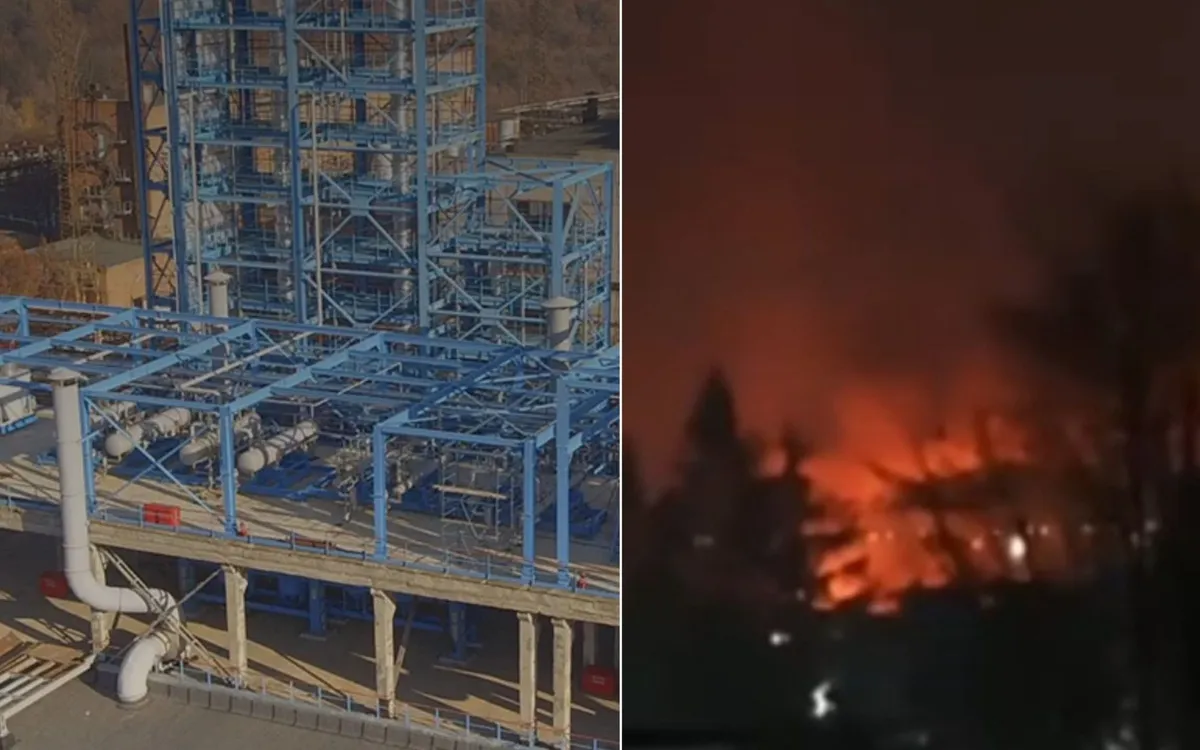 Cháy tại nhà máy cao su ở thành phố Yefremov, tỉnh Tula, Nga, ngày 24/12/2025 (Ảnh: Exilenova+)
