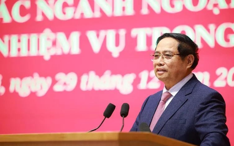 Thủ tướng Phạm Minh Chính chỉ đạo Hội nghị tổng kết công tác ngành ngoại giao năm 2025 và phương hướng, nhiệm vụ năm 2026. (Ảnh: TTXVN)