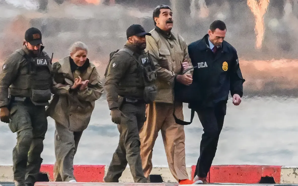 Lực lượng đặc nhiệm Mỹ áp giải vợ chồng ông Maduro đến tòa án, ngày 5/1/2025 (Ảnh: CNP/Shutterstock)