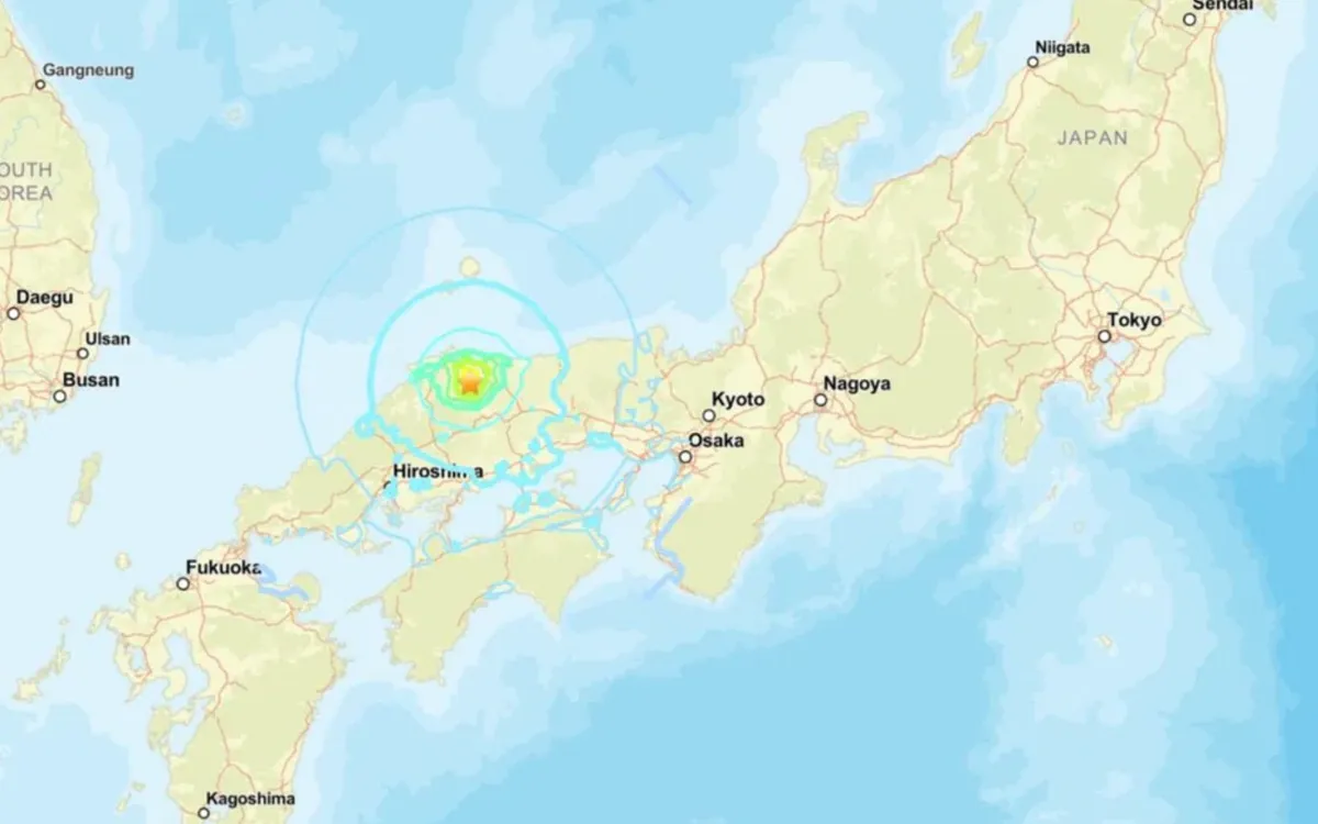 Bản đồ mô tả khu vực chịu ảnh hưởng của trận động đất xảy ra tại khu vực Chugoku ở miền Tây Nhật Bản vào sáng 6/1/2025 (Ảnh: USGS)