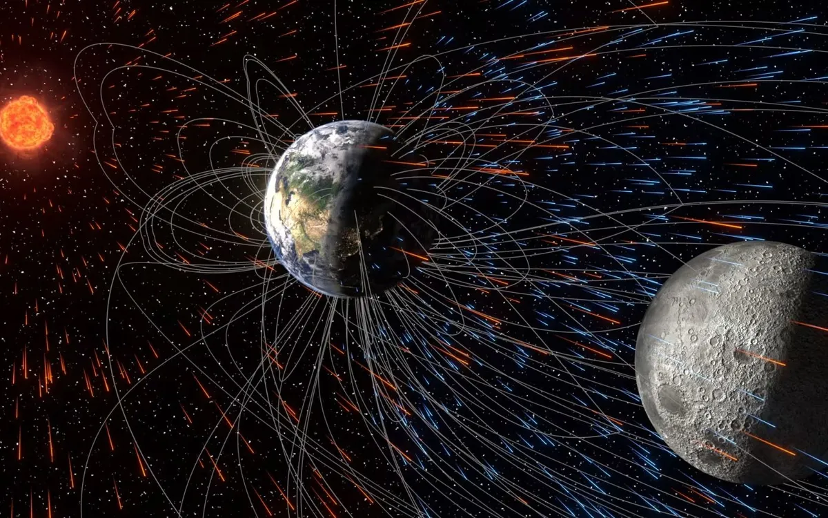 Gió Mặt trời kết hợp với từ trường Trái Đất đưa các hạt khí quyển từ Trái Đất tới bề mặt Mặt trăng trong hàng tỷ năm (Ảnh: University of Rochester)
