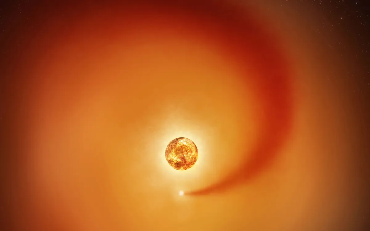 Minh họa sao siêu khổng lồ Betelgeuse cùng ngôi sao đồng hành Siwarha, tạo vệt khí khi chuyển động trong khí quyển ngoài của Betelgeuse, ngày 17/12/2025 (Ảnh: NASA/ESA/Reuters)