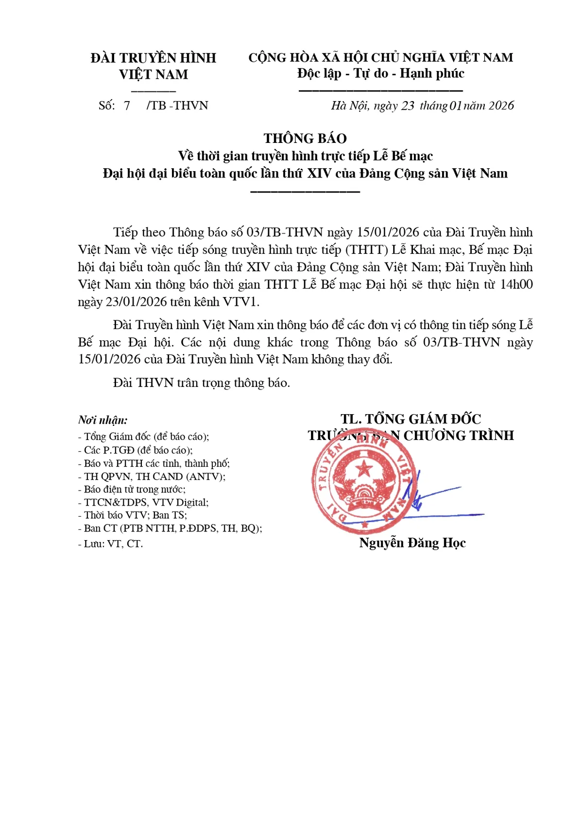 Đ&agrave;i THVN truyền h&igrave;nh trực tiếp Lễ Bế mạc Đại hội XIV của Đảng - Ảnh 1.