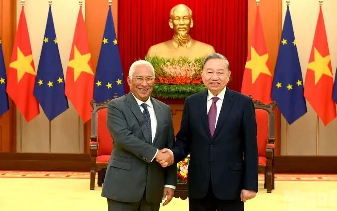 Tổng Bí thư Tô Lâm tiếp Chủ tịch Hội đồng châu Âu Antonio Costa. Ảnh: Nhân Dân