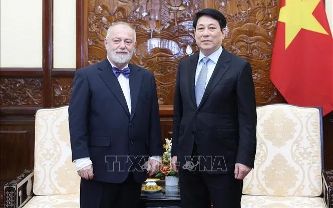 Chủ tịch nước Lương Cường tiếp Đại sứ Cộng hòa Czech tại Việt Nam Hynek Kmoníček đến chào từ biệt. Ảnh: Lâm Khánh/TTXVN