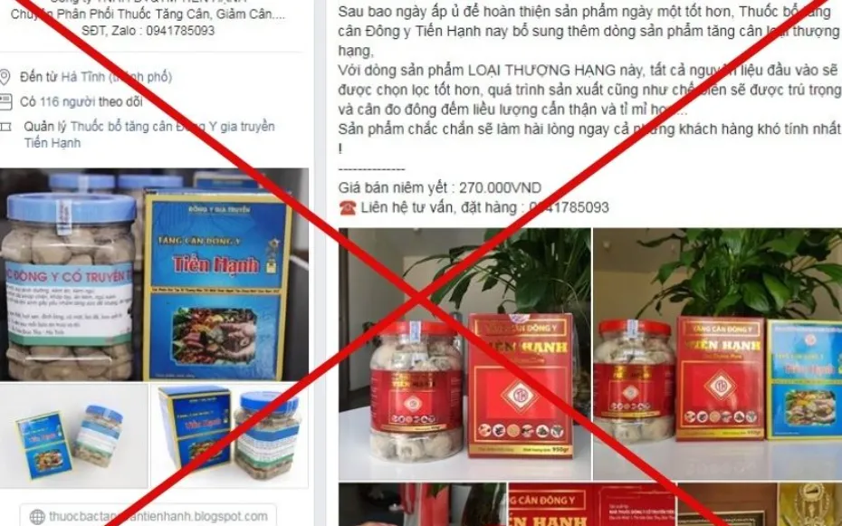 Các sản phẩm được rao bán trên mạng với tên Thuốc tăng cân đông y Tiến Hạnh.