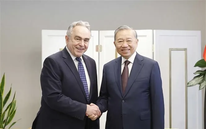 Tổng Bí thư Tô Lâm tiếp cựu Thứ trưởng thứ nhất Bộ Ngoại giao Hoa Kỳ Kurt Campbell. Ảnh: TTXVN