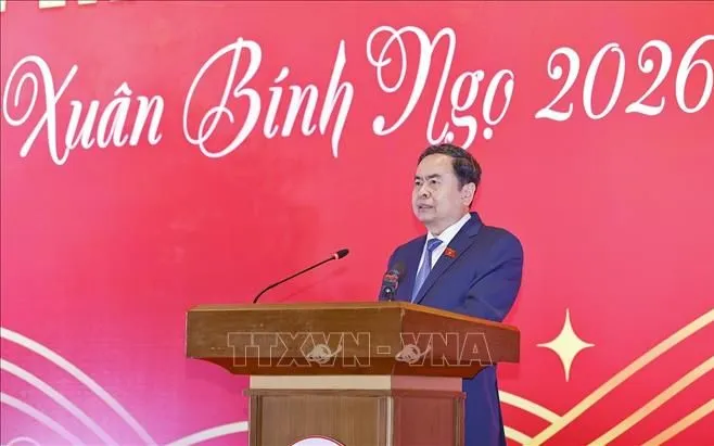 Chủ tịch Quốc hội Trần Thanh Mẫn phát biểu chúc Tết. Ảnh: Doãn Tấn/TTXVN